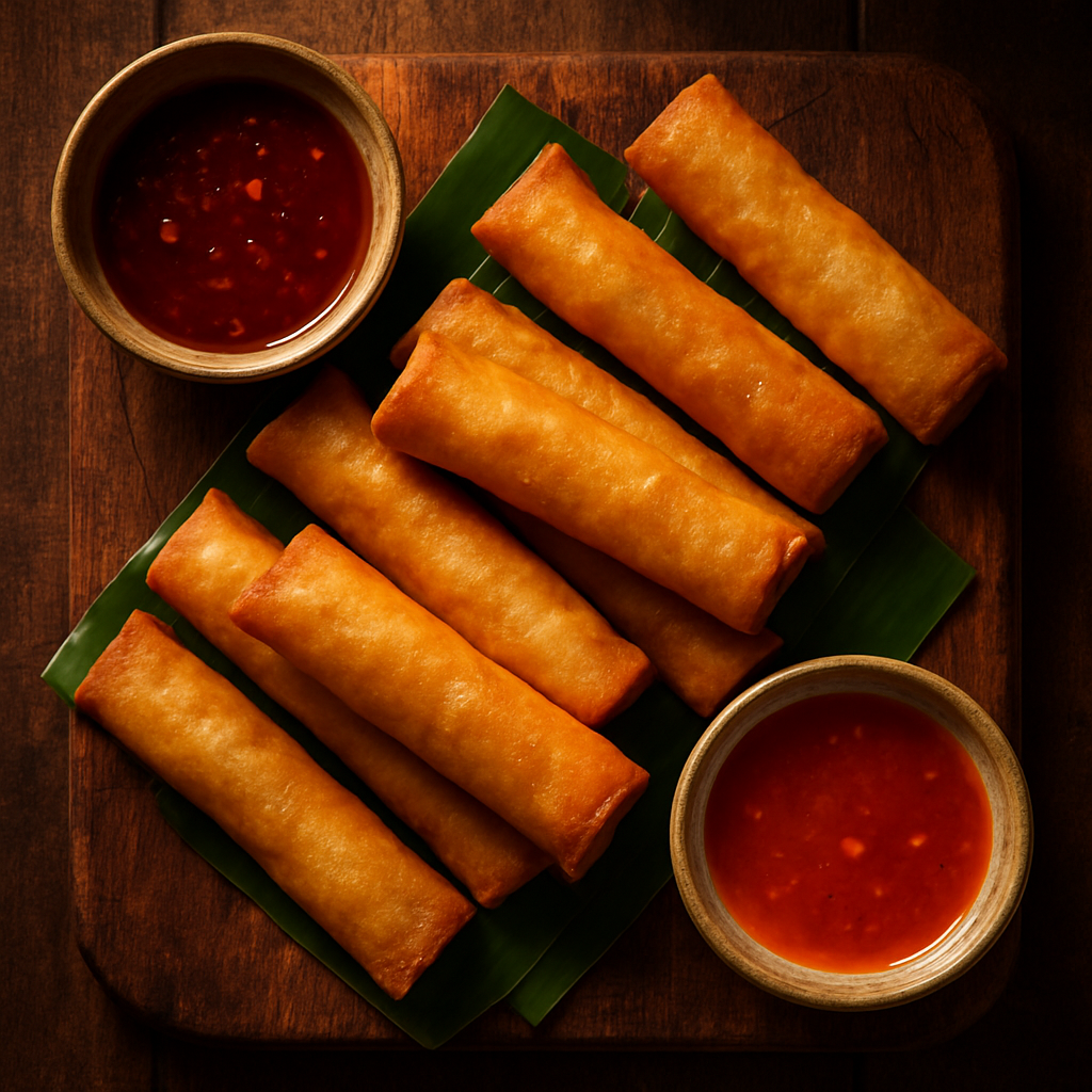 Golden crispy lumpia spring rolls on a wooden board — Lumpia Lane Australia