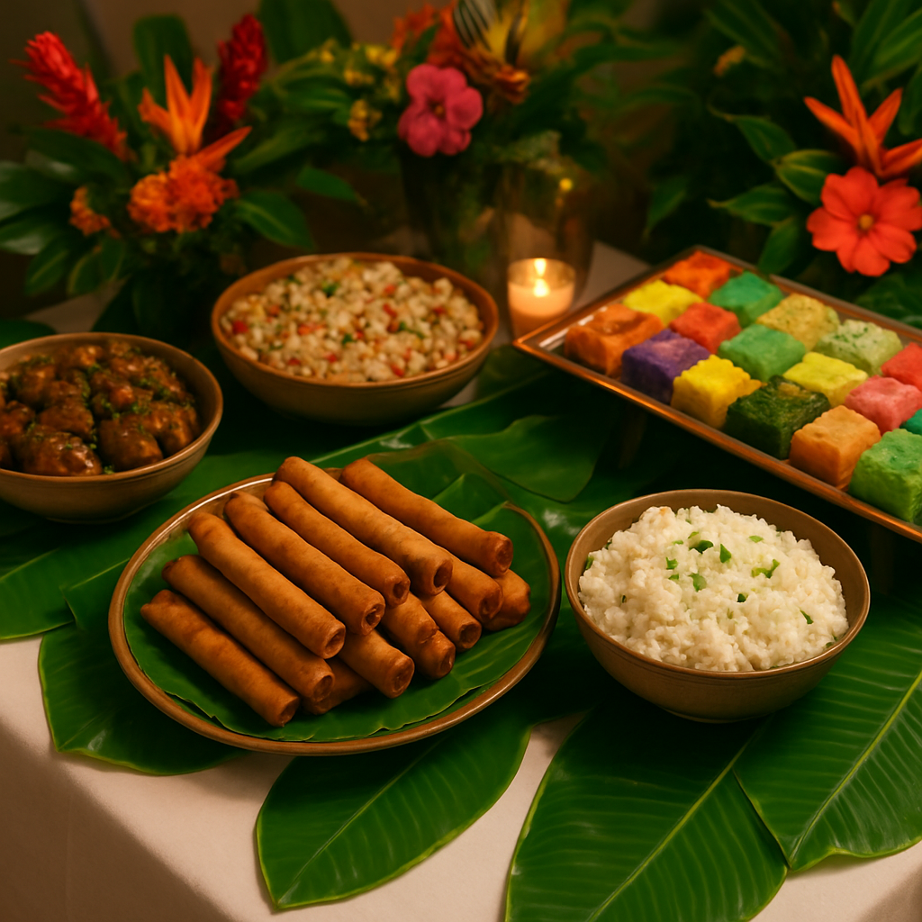 Filipino catering table spread with lumpia and rice dishes for an event