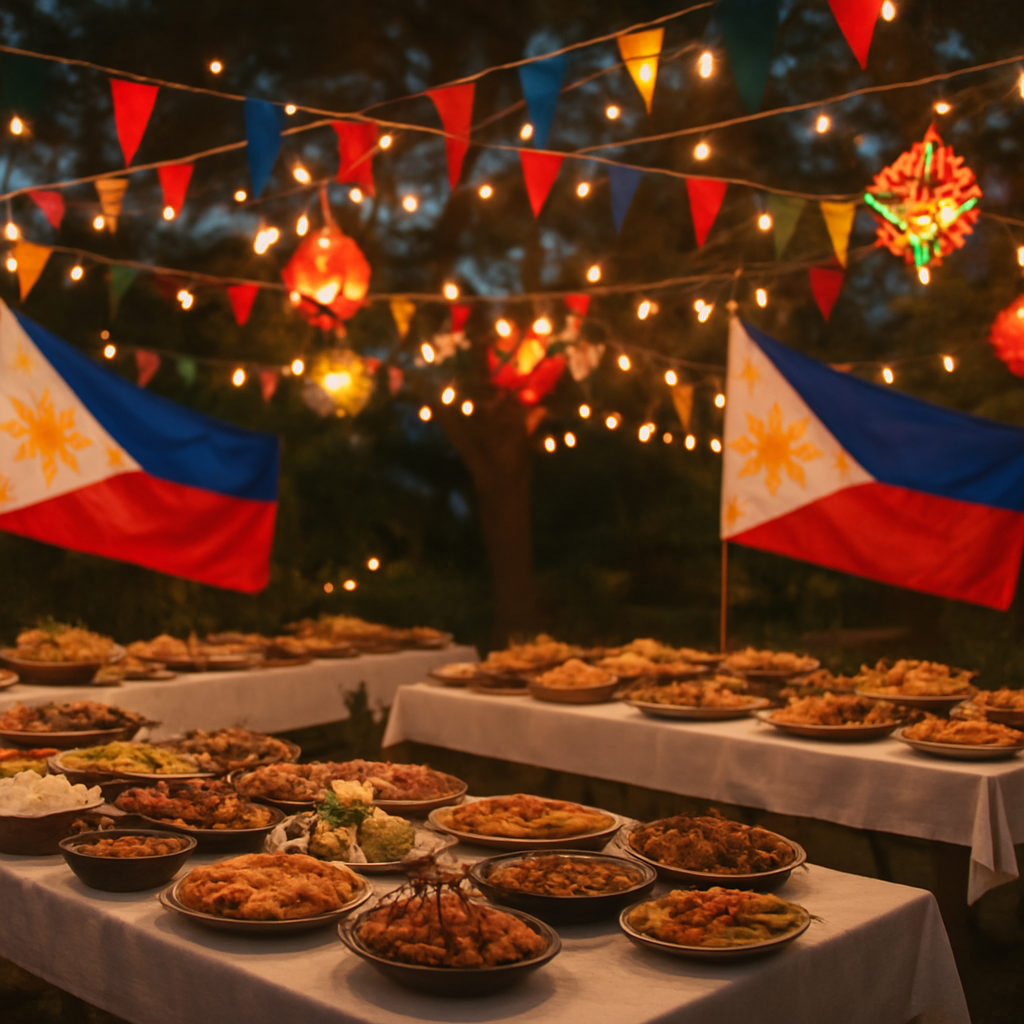 Festive outdoor event setup with Filipino food and colourful decorations