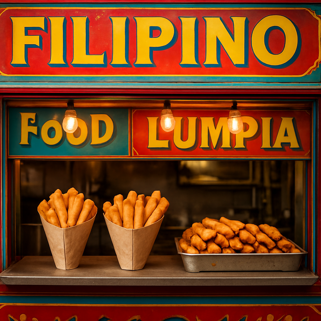 Lumpia Lane food truck serving window with crispy lumpia at a market