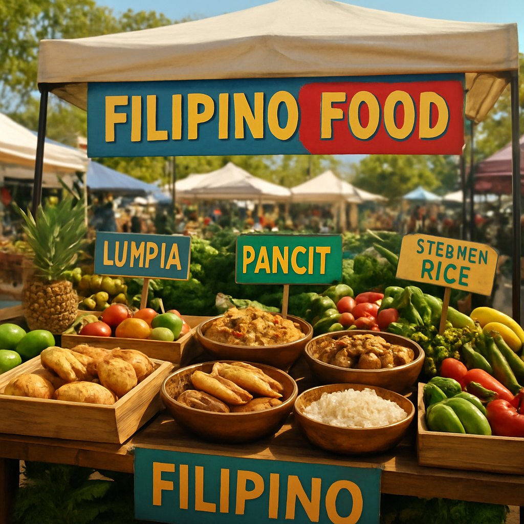 Outdoor community market stall with Filipino food and fresh produce